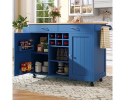 Modern keukeneiland (102×45×92cm), keukenkast, buffetkast, serveerwagen met houtnerf, buffetkast, multifunctionele eettafel met opbergruimte, blauw
