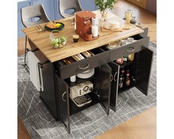 Modern keukeneiland (106×50×90,5 cm), keukenkast, dressoir, eettafel met houtnerfafwerking, Dressoir, multifunctionele eettafel met opbergruimte, zwart