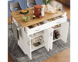 Modern keukeneiland (106×50×90.5cm), keukenkast, buffetkast, serveerwagen met houtnerf, buffetkast, multifunctionele eettafel met opbergruimte, wit