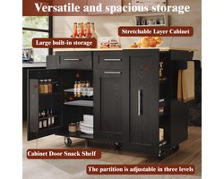 Modern keukeneiland, keukenkast, buffetkast, serveerwagen met houtnerf, multifunctionele eettafel met opbergruimte, serveerwagen met snackrekken en stretchfunctiekasten, zwart