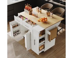 Modern keukeneiland, keukenkast, buffetkast, serveerwagen met houtnerf, multifunctionele eettafel met opbergruimte, serveerwagen met snackrekken en stretchfunctiekasten, wit