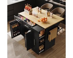 Modern keukeneiland, keukenkast, dressoir, eetwagen met houtnerfafwerking, multifunctionele eettafel met opbergruimte, eetwagen met snackplanken en uittrekbare lades, Zwart