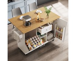 Modern keukeneiland, keukenkast met prullenbak, dressoir, multifunctionele eettafel met opbergruimte, eetwagen met snackplanken en uitschuifbare opbergelementen, wit