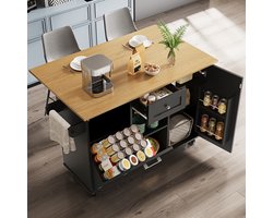 Modern keukeneiland, keukenkast met prullenbak, dressoir, multifunctionele eettafel met opbergruimte, eetwagen met snackplanken en uitschuifbare opbergelementen, zwart