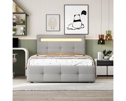 Modern Kinderbed 90x200 cm met Opberglade – Gestoffeerd Bed voor Jongens en Meisjes – Linnen Bekleding, Lattenbodem en Hoofdeinde met Opbergvak – Medahomestore Functioneel Kinderbed