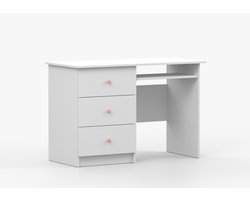 Modern kinderkamer- en tienerkamer bureau met 3 lades, robuust & onderhoudsvriendelijk – kinderschrijftafel, tienerschrijftafel, bureau voor kantoor, computertafel - Bureau Fizzy - Wit + roze handgrepen