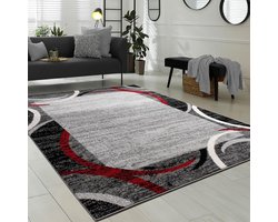 Modern Laagpolig Vloerkleed met Grijs Zwart Rood Patroon voor Woonkamer en Slaapkamer