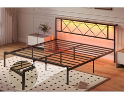 Modern LED Jeugdbed 180x200 cm – Met Hoofdbord, Stopcontact, USB & Type-C Poorten – Met Metaal Lattenframe, Opbergruimte en Verstelbare LED-verlichting – Turquoise