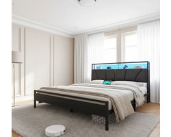 Modern Luxe Bed 180x200 cm met Oplaadstation, RGB LED Verlichting en Opbergruimte – Stabiel Metalen Frame, Ergonomisch Gewatteerd Hoofdeinde, Anti-Lawaai Design, Geen Boxspring Nodig,MedaHomeStore