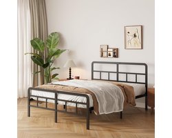 Modern Luxe Metalen Bedframe met Gebogen Hoofdbord en Voeteneind – Tweepersoons Platformbed 180x200 cm, Stevig Stalen Lattenbodem Systeem, Geluidloos, Opbergruimte Onder Bed, Zwart Gepoedercoat