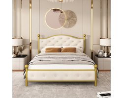 Modern metalen bed, bedframes met lattenbodem, tweepersoonsbed, bedframe met hoofdeinde, logeerbed, jeugdbed voor slaapkamer, logeerkamer, 140x200 cm, goudkleurig (zonder matras)