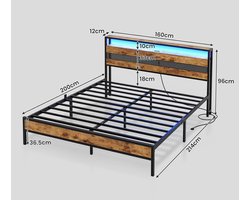 Modern Metalen Tweepersoonsbed 160x200 cm – Industrieel Bedframe met Lattenbodem, USB & Type-C Oplaadfunctie, RGB LED Verlichting, 30 cm Opbergruimte Onder Bed – Stil, Stabiel & Vloerbed voor Slaapkamer of Logeerkamer