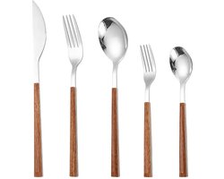 Modern Minimalistisch Scandinavische Bestekset 20-delig – Luxe RVS Bestek met Houten Handvat – 4 Persoons Lepels, Vorken, Messen, Gebaksvorkjes & Theelepels – Vaatwasserbestendig – Zilver Houtlook – Perfect Cadeau of Kerstcadeau