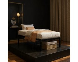 Modern Minimalistisch Stalen Bedframe – Luxe 1-Persoons Metalen Bed 90x200 cm met Lattenbodem, Opbergruimte Onder Bed, Stille Constructie, Eenvoudige Montage, Zwart Design Bed - House & Garden