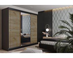 Modern Multifunctional Sliding Door Wardrobe MALANI 200 200x205x59 cm with Mirror – Elegant Living Room and Bedroom Wardrobe – Graphite & Craft Oak Gold