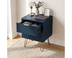 Modern nachtkastje - 40x35.5x50 cm - met 2 lades - geribbeld design - hout en gouden metalen poten - donkerblauw