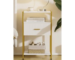 Modern nachtkastje, bijzettafel met lade, geribbeld nachtkastje met 3 opbergvakken voor slaapkamer, woonkamer (goud wit)