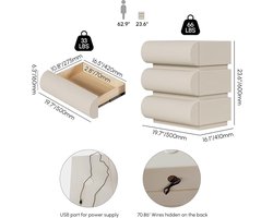 Modern Nachtkastje met 3 Laden en Draadloze Oplader 40,9 x 50 x 59,9 cm – Crèmekleurig Lederen Bedside Table met USB & Type-C Pauwhome