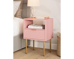 Modern nachtkastje met lade en open plank - Roze boho nachtcommode voor slaapkamer en woonkamer - Compact bijzettafeltje met gouden metalen poten