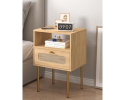 Modern nachtkastje met opberglade en open houten plank, kleine bijzettafel met rotan ornamenten voorkant en gouden frame, voor woonkamer, slaapkamer (zwart)