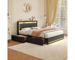Modern opbergbed 140x200cm Gestoffeerd bed met 4 lades en lattenbodem, LED-verlichting en USB-oplaadfunctie, tweepersoonsbed met opbergruimte, jeugdbed, grijze linnen stof, zonder matras (gesplitst voor 2 pakketten voor verzending)