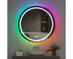 Modern Ronde LED RGB 8 Kleurverandering Badkamerspiegel Traploze Dimbaar, Onbreekbaar, Spiegelverwarming- Touch Sensor - Slimme Make-up Spiegel- Anti-Vocht- Functie Cirkel IJdelheid Kappers Combineert Stijl & Functionaliteit 81cm RGB 8 Color Backlits