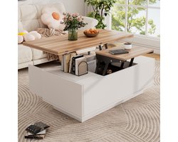 Modern salontafel - inklapbare tafel - met dubbele liftmechanismen en verborgen opbergruimte - wit en houtkleur