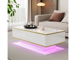Modern salontafel met hoogglans - 100x50x40 cm - gouden accenten - 3 lades en USB LED-verlichting - wit