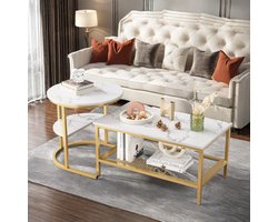 Modern salontafels, set van 2 salontafels met grote opbergruimte, tafelblad met marmermotief en stevige metalen onderstellen, woonkamermeubel