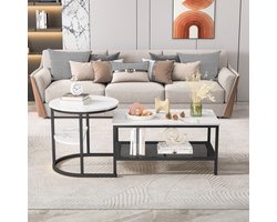 Modern salontafels, set van 2 salontafels met grote opbergruimte, tafelblad met marmermotief en stevige metalen onderstellen, woonkamermeubel
