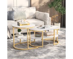 Modern salontafels, set van 2 salontafels met grote opbergruimte, tafelblad met marmermotief en stevige metalen onderstellen, woonkamermeubel