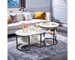 Modern salontafels, set van 2 salontafels met grote opbergruimte, tafelblad met marmermotief en stevige metalen onderstellen, woonkamermeubel