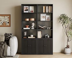 Modern Staande Boekenkast “Orion” – 6 Niveaus met 2 Deuren, Open Planken en Kast voor Woonkamer, Kantoor of Slaapkamer, 48 x 24 x 176,4 cm, Zwart