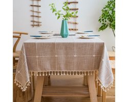 modern tafelkleed - waterdicht - luxe met kwastjes katoen - zacht - ademend linnen - premium kwaliteit outdoor afwasbaar - makkelijk schoon te maken keukentafelafdekking voor eettafel (kastanjebruin rechthoekig - groot formaat ovaal 140 x 180 cm)