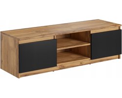 Modern TV-Meubel 120 cm – Lowboard met 2 Deuren en Open Vakken – Staand RTV Meubel – Wotan Eiken & Zwart Mat – 120x38x35,5 cm
