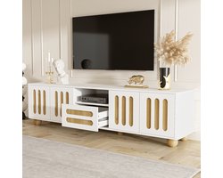 Modern TV-meubel 180x40x47 cm - Witte en houtlook met 4 deuren - 1 lade en LED-verlichting - Afgeronde hoeken