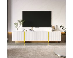 Modern tv-meubel 190 cm, tv-dressoir in wit met goudaccenten en houtnerf, 3-deurs kast met 2 lades