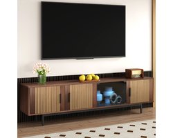 Modern TV-meubel 200x35x53 cm met LED-verlichting & Gehard Glazen Deuren – Stijlvol Lowboard met Gestructureerd Design voor Woonkamer
