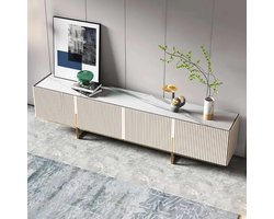 Modern TV-meubel 220 cm – Glanzend Ivoor Entertainmentcentrum met Opbergkasten, Kabelmanagement en FSC Houten Frame – Vrijstaande TV-standaard voor Woonkamer en Slaapkamer – Pauwhome