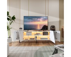 Modern tv-meubel 220 cm met marmerlook, afgeschuinde deuren en metalen frame, open en gesloten vakken, tv-tafel voor de woonkamer, wit