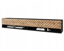 Modern TV-meubel A180 - 180 cm breed - MDF Fronten met Visgraatmotief - Wotan Eiken & Zwart Mat - Inclusief LED - Zwevend of Staand