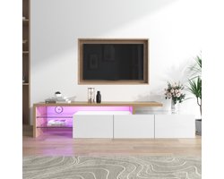 Modern TV-meubel design - Stijlvolle elegantie - praktische opbergruimte - houtlook, glazen legplanken, LED-verlichting - hoogglans wit