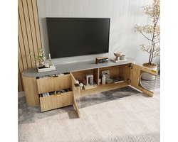 Modern tv-meubel - kastdeuren met verticale 3D-strepen - grijs glazen ovale vitrinekast - woonkamerkast