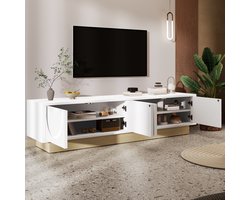 Modern tv-meubel - met houtnerf - minimalistisch gebogen ontwerp - veel opslagruimte en kabelbeheer - wit