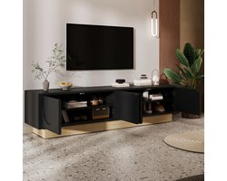 Modern tv-meubel - met houtnerf - minimalistisch gebogen ontwerp - veel opslagruimte en kabelbeheer - zwart