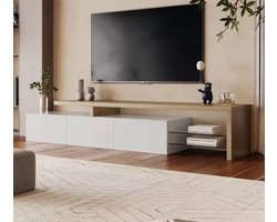 Modern TV-Meubel met LED Verlichting - 160 tot 200 cm - Wit & Eiken - Zwevend Effect - Design TV Kast met 3 Deuren en Glazen Legplanken