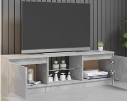 Modern TV-meubel met LED-verlichting en Betonlook – 120 cm Lowboard voor TV’s tot 50 inch – Furniture Land Entertainmentkast met Glazen Planken en RGB Sfeerverlichting – Grijs Houtmateriaal