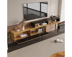 Modern TV-Meubel met Marmer- & Houtlook – PVC-Randen, Stevige IJzeren Poten, Duurzaam & Ruimtebesparend – Donker Hout