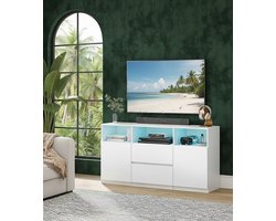 Modern TV-meubel met RGB LED-verlichting – Wit TV-standaard voor televisies tot 65 inch – Sideboard met 2 lades en 3 open vakken – Hoogwaardig MDF – Kabelmanagement – Woonkamer & Slaapkamer Depauwwonen