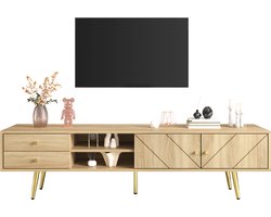Modern tv meubel met schuine groefdeuren en gouden poten - Opbergmeubel voor woonkamer - 160 cm breed - Houtkleur - 2 lades en 2 deuren met open vakken - Geschikt voor tv tot 65 inch